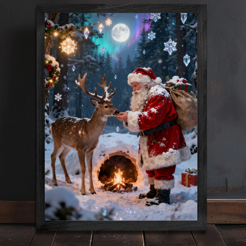 Père Noël rétro noir encadré avec art mural de style rétro, H 11 po x l 9 po
