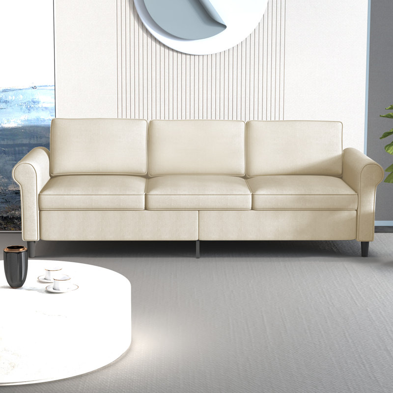 Modern Linen 3-Seater Sofa with Wooden Frame for Apartment, Beige Linen Blend 1