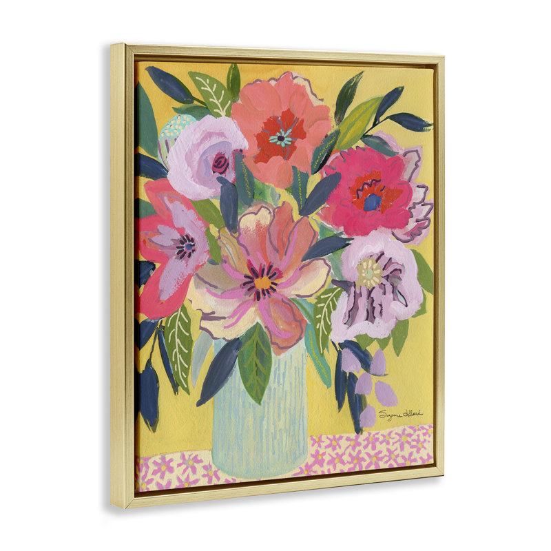 Bouquet rose vif sur cadre flottant jaune, design par Suzanne Allard, H 31 po x l 25 po, Cadre flottant métallique doré