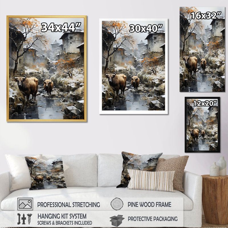Yaks Urban visiteur I sur toile, Cadre doré simple, H 20 po x l 12 po x P 1 po