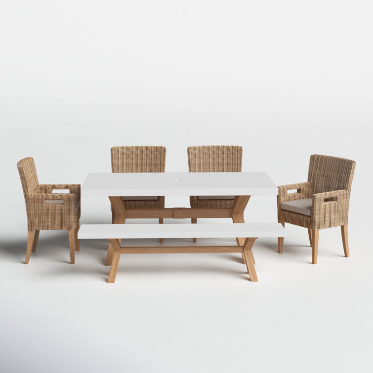 Fleur 6 - Person Premium All-Weather Wicker Patio Dining Set with Rectangular Table , Cushions Included