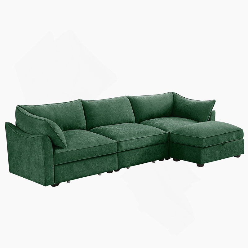 Canapé modulaire en L à 3 places avec repose-pieds mobile, siège large et profond confortable, tissu chenille, vert, Vert