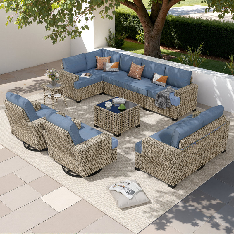 Ensemble de conversation d'extérieur en osier pour 9 personnes avec coussins, Bleu denim