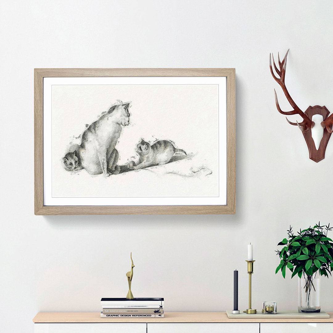 Cat Playing with Kittens by Gottfried Mind - Picture Frame Drawing Print