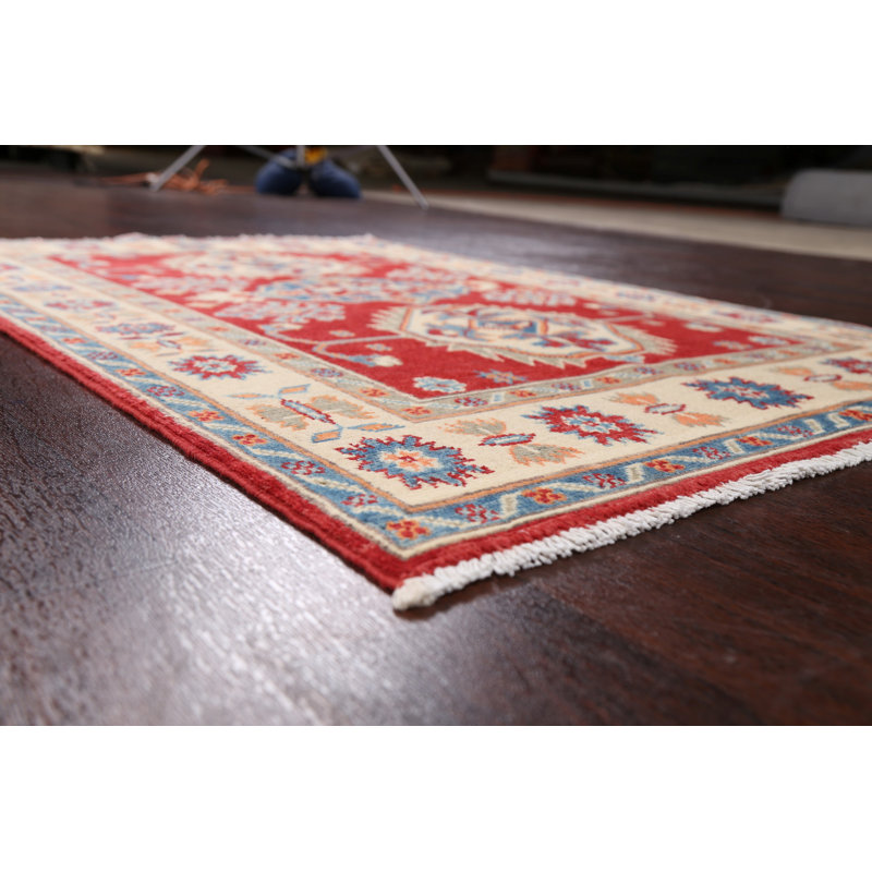 Tapis rouge en laine noué à la main à motif géométrique 3 pi 2 po x 4 pi 8 po