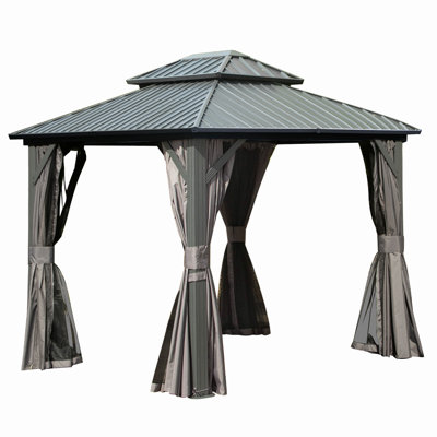 8' X 10' Hardtop Gazebo Permanent Metal Gazebo With Galvanized Steel Double Roof, Curtains And Netting For Party, Wedding, Outdoor Dining, Patio, Backyard