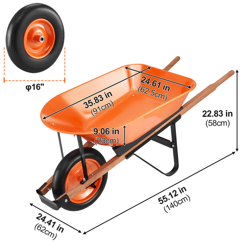 Wheelbarrow Cart, 5 Cu. Ft. Load & 265 lbs Capacity, One Wheel Garden Dump Cart, Garden Wagon with Metal Handle & 16" Wide Track Wheels, Easy Loading Utility Yard Cart & Wagons for Lawn Farm