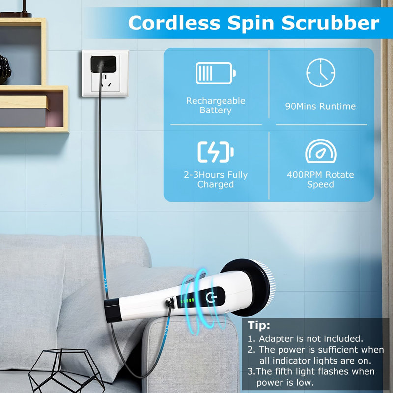 Brosse de nettoyage électrique sans fil avec 8 têtes et bras télescopique