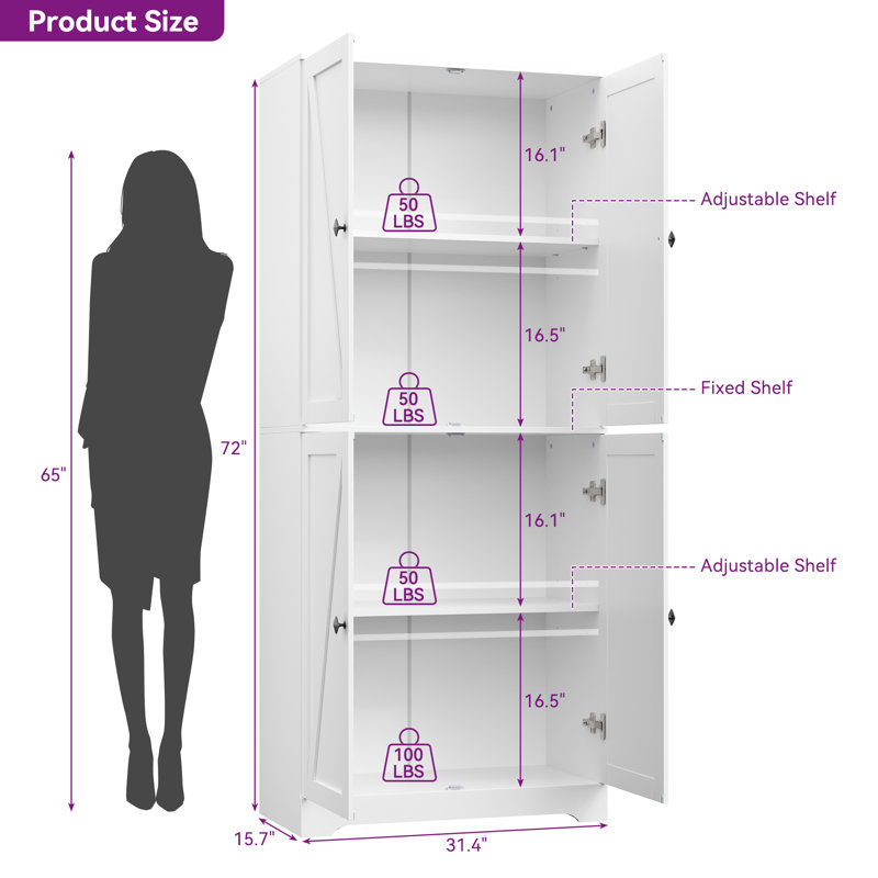 72" Tall Kitchen Pantry, Farmhouse Storage Cabinet, White