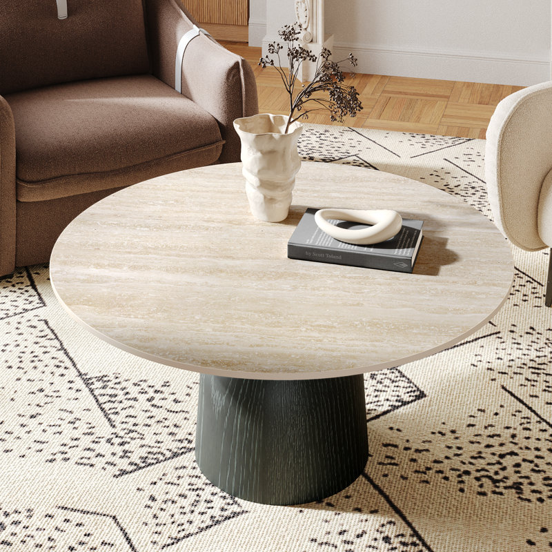 Table basse ronde Meranda avec piédestal en bois massif noyer, H 17,4 po x L 41,73 po x l 41,73 po, Beige, Charcoal Black
