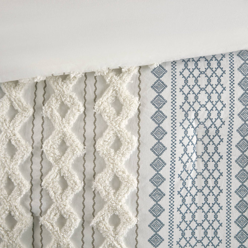 Ensemble d'édredon en coton avec chenille blanc / bleu marine , Blanc / Bleu marine