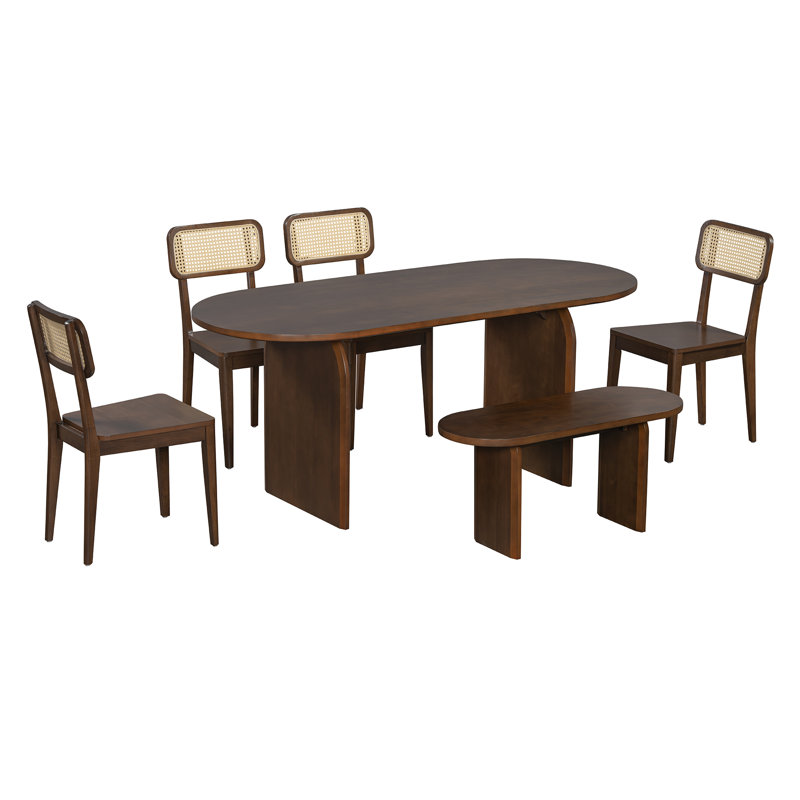Ensemble de table de salle à manger 6 pièces avec dossier en rotin, Brun