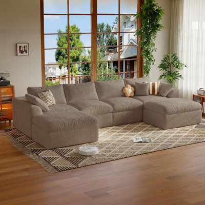 137" U-Shaped Modular Boneless Cloud Sectional Sofa with Mousse Velvet, Dual Layer Foam, Movable Backrests and Ottomans, No Assembly,Camel