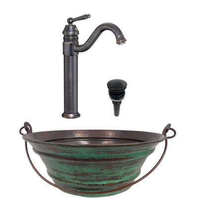 15" Round Copper Vessel Bucket Bath Sink Green Exterior 13" Faucet Included