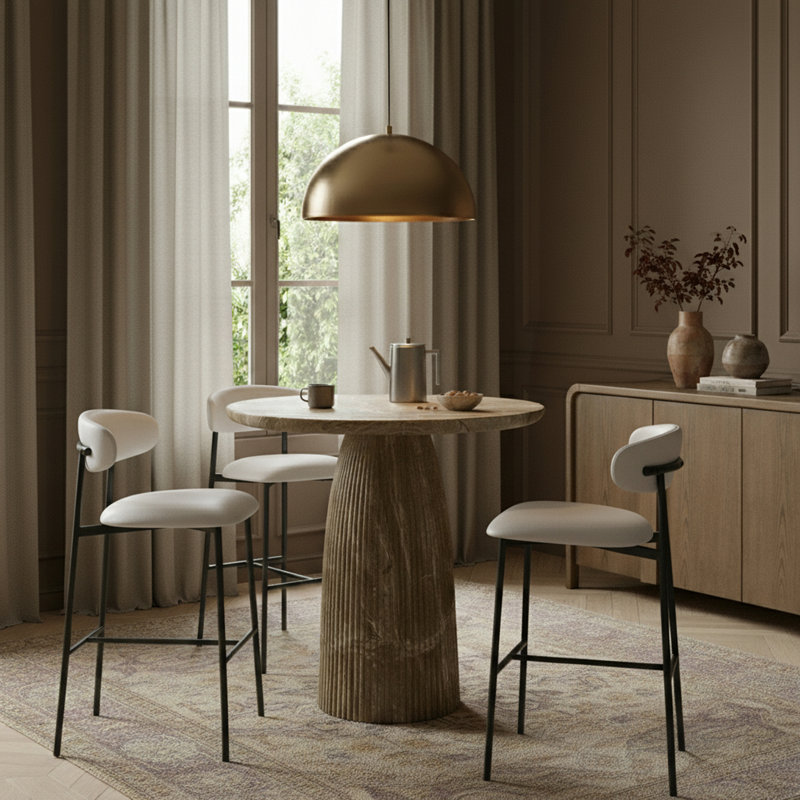 Tabouret de bar rembourré en cuir Lupita, Noir mat, Cuir végétalien blanc