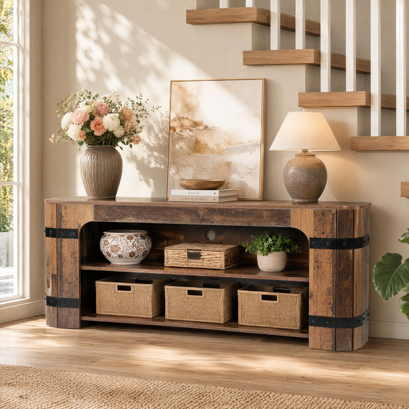 Console rustique de style campagnard de 160 cm avec rangement ouvert à 2 niveaux