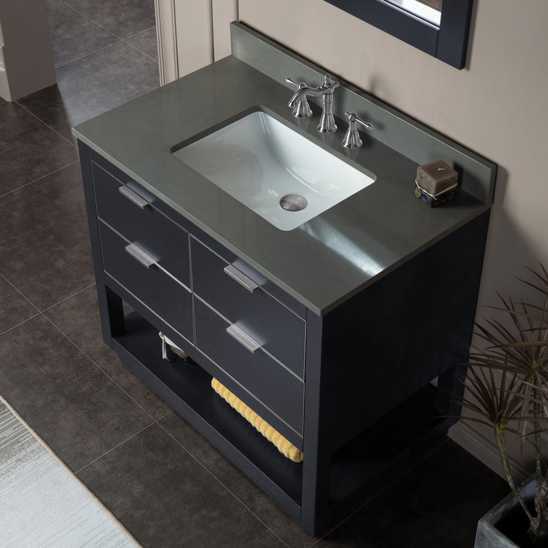 Meuble-lavabo en bois massif 36 po x 21 po x 33 po avec 3 trous pré-percés, Gris, Or, Carrara