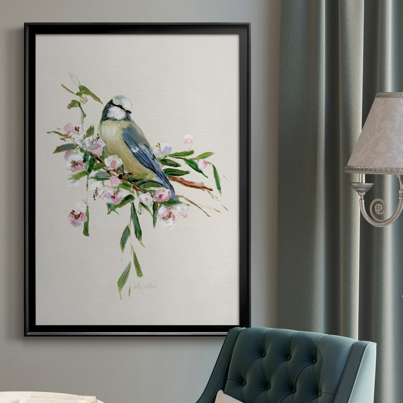 «Spring Song Blue Bird», peinture sur toile encadrée, H 30,5 po x l 42,5 po x P 1,5 po, Noir