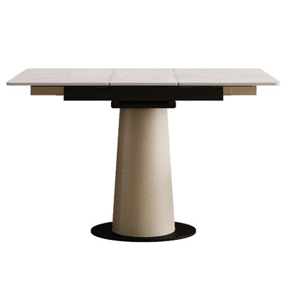 Table de salle à manger carrée extensible avec dalle de roche rétractable et base en acier enveloppé de cuir, idéale pour les petits espaces de vie, pierre frittée blanche, 47,87 po de profondeur, 30,94 de largeur, 30,56 de hauteur,