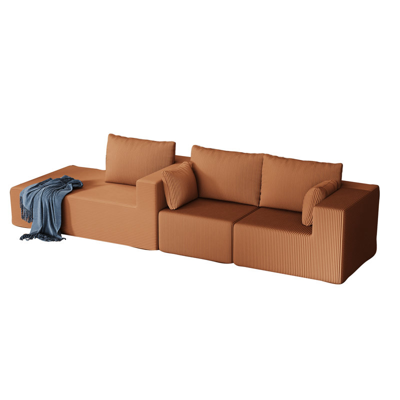 108.3" Sectional Foam Couch With Chaise, Reddish Brown Corduroy Upholstery, High Elastic Sponge Framework, Freely Combined Living Room Decoration Concept Idea For Decoration, Chaise In Corduroy,