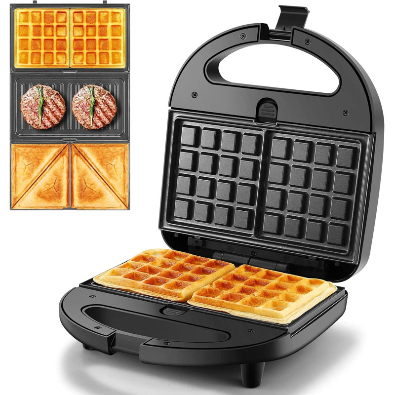 OSTBA 3-in-1 Sandwich Maker with Removable Plates, Panini Press, Waffle Maker, Toaster, Non-Stick, 750W Compact Breakfast Grill for Sandwiches, Waffles, Steak, Black