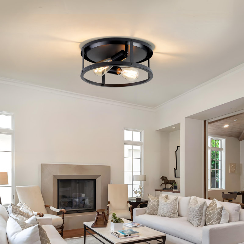 Industrial Matte Black Metal 2-light Flush Mount Ceiling Light