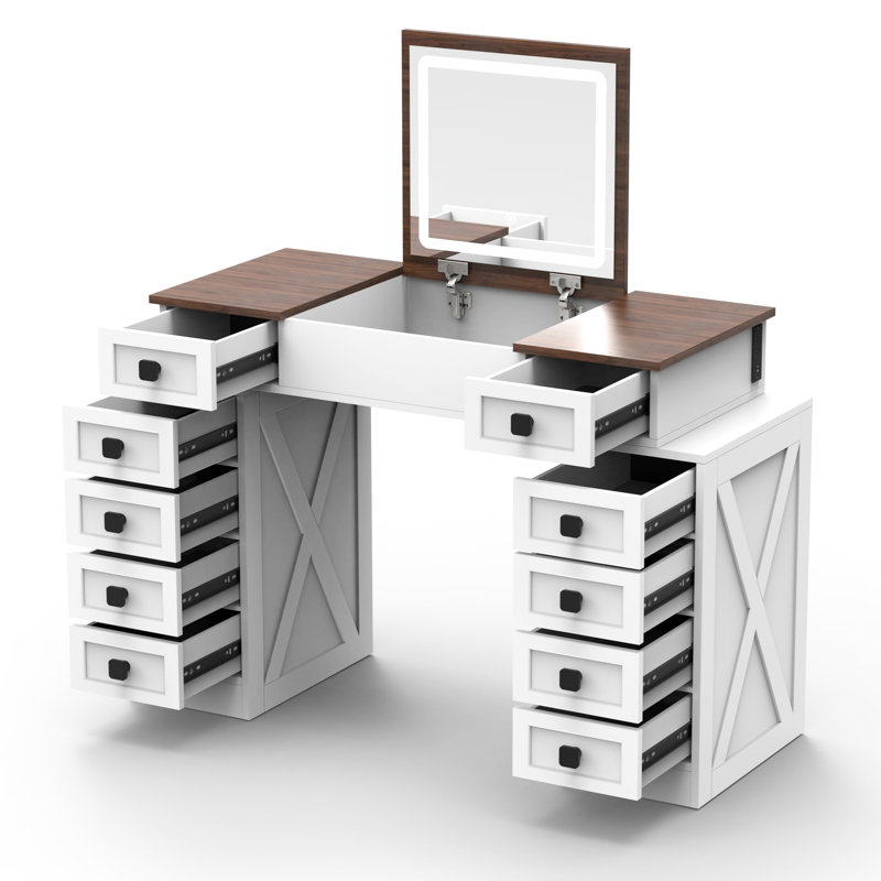 Bureau de meuble-lavabo avec éclairage à DEL à intensité variable et rangement spacieux. 10 tiroirs, blanc et noyer. Miroir rabattable pour la conservation de l'espace. Tiroirs confortables. Table de maquillage blanche et noyer qui permet d'économiser. Rangement souple