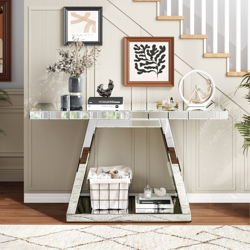 Table d'entrée moderne avec miroir intégré de 142 cm (55,9 po) et design réfléchissant à 360°, base en bois, cadre en bois, rangement ouvert pour couloir, salon ou escalier.