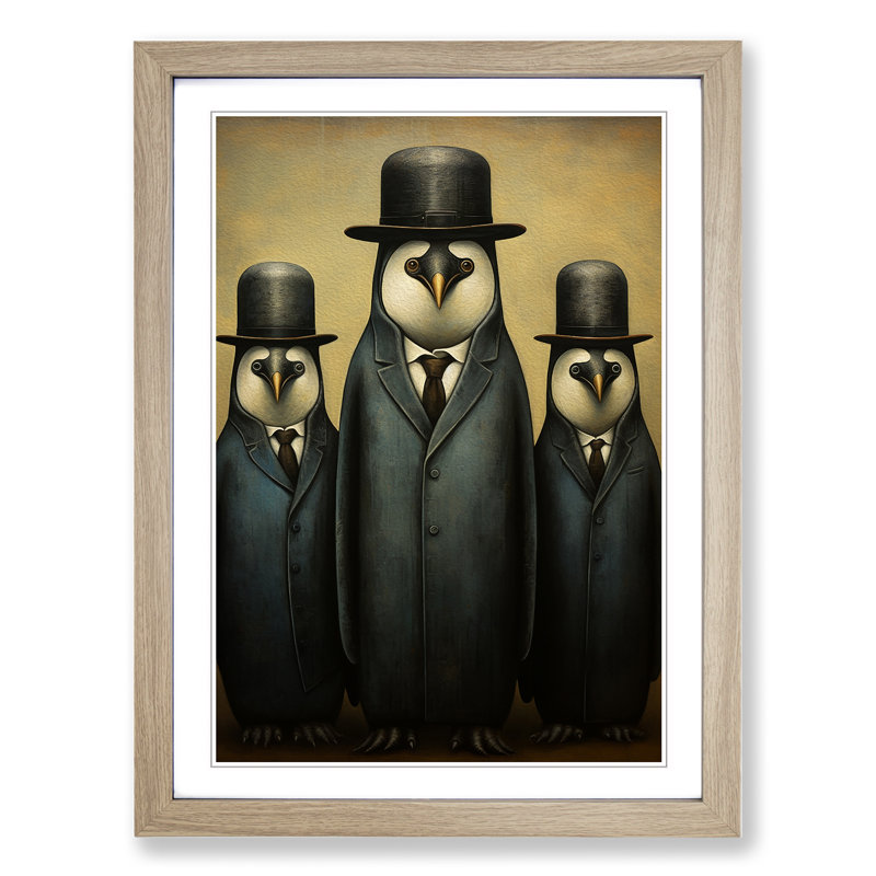 Penguin Dadaism - Single Picture Frame Print on Wood, Oak Framed, 46cm H x 34cm W x 2cm D