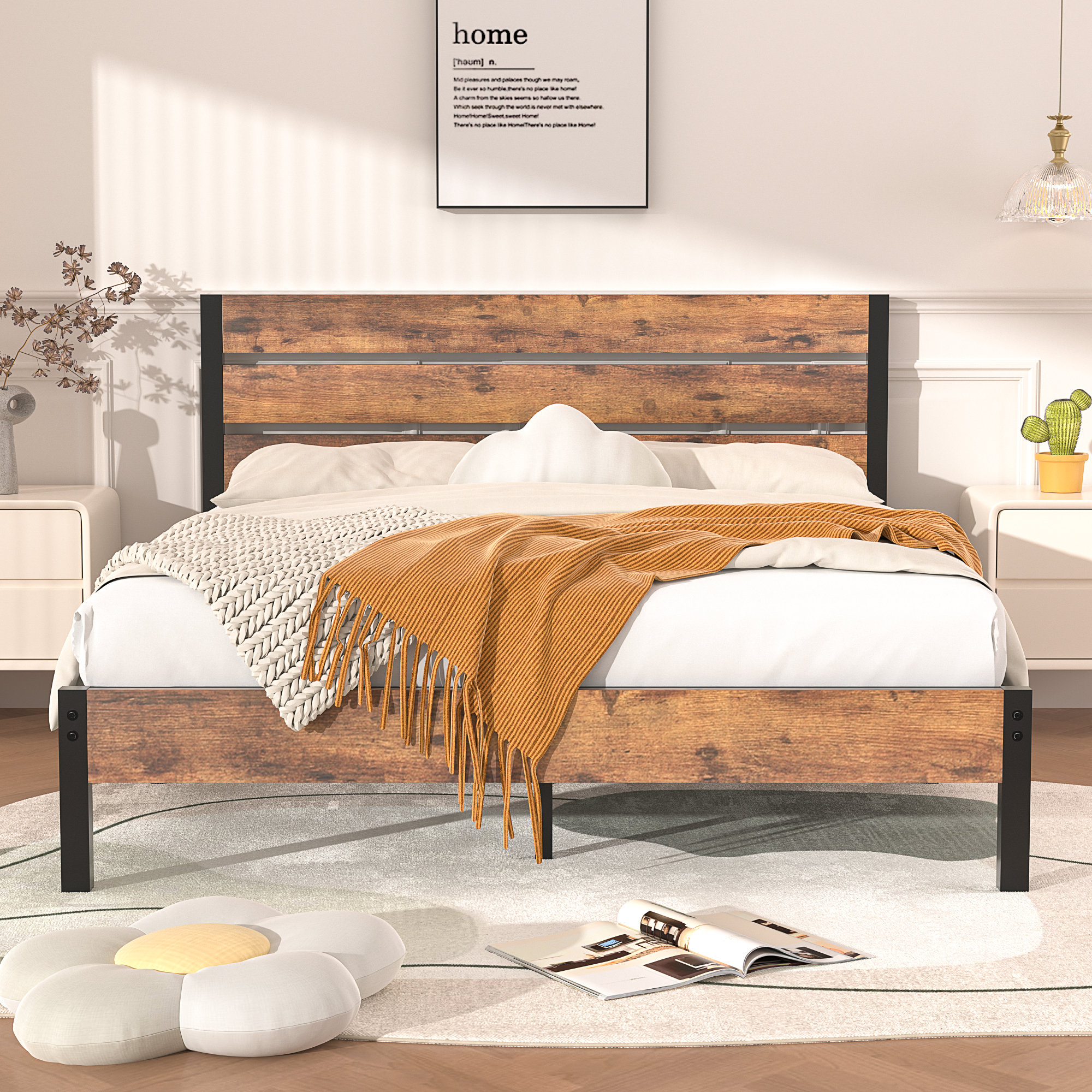 Alicia Platform Bed Frame with Wood Headboard and Footboard No Box Spring Needed