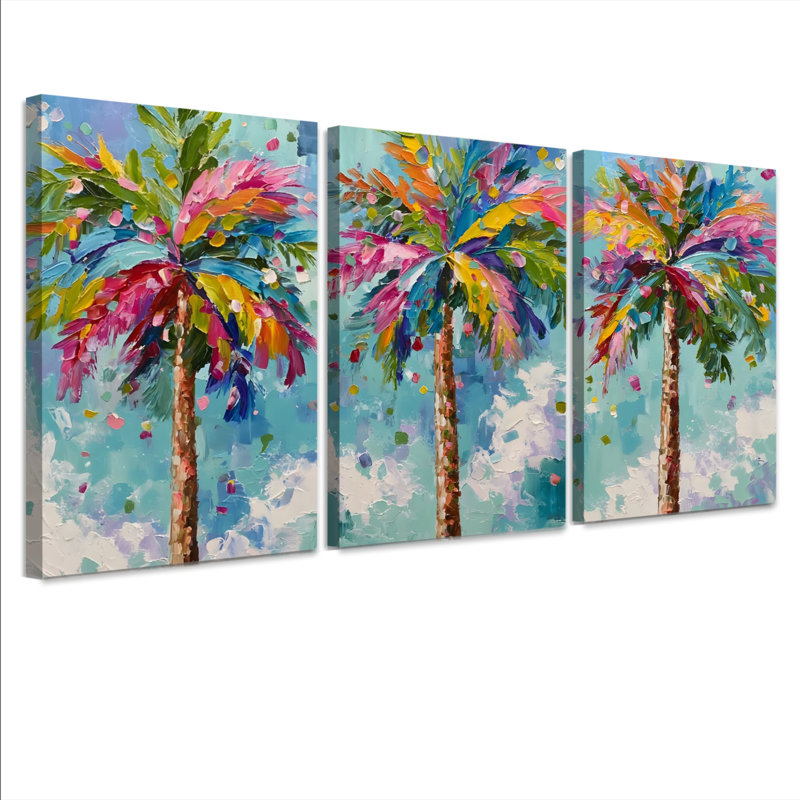 Colorful Palm Tree Canvas Wrapped Wall Art, Abstract Oil Painting Print (Set of 3), 18" H x 36" W