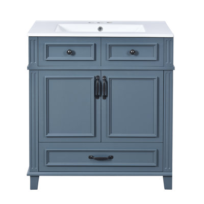  Bathroom Vanity with Ceramic Sink, Solid Wood Cabinet, Soft Closing Doors, Retro Style