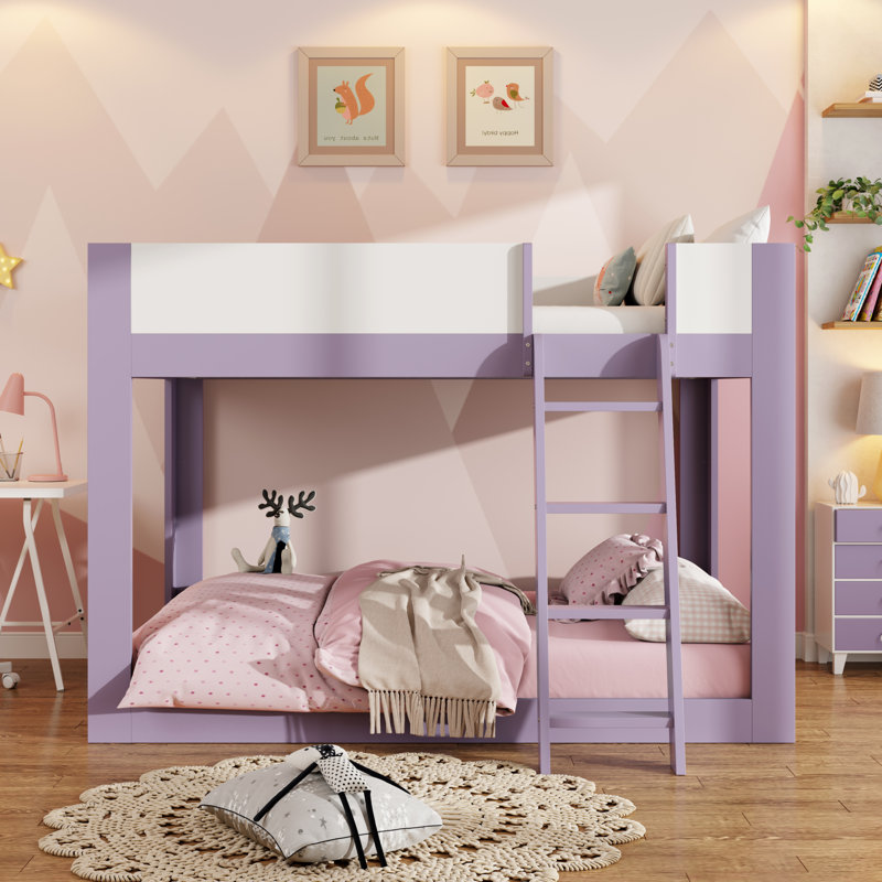 Lit superposé en bois avec échelle réversible, garde-corps et lattes, Full, Mauve / blanc