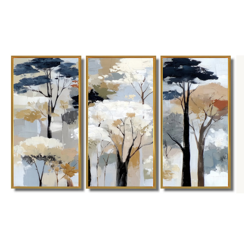 «White and Black Birch Trees Forest Panorama», ensemble de reproductions d'art mural grand bouleau, H 32 po x l 48 po, Doré