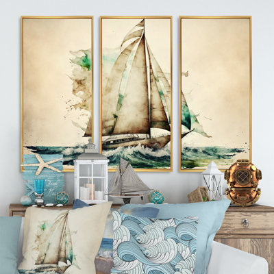 Aquarelle, voilier, croisières, vagues, impression sur toile - 3 pièces
