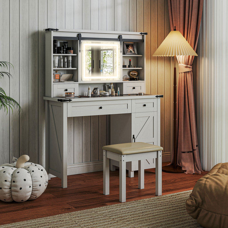 Vanity Desk with Mirror and Lights, 42" Glass Top Makeup Vanity Table Set with 3 Color Lighting, Cushioned Stool, Dressing Table with Storage Drawer, Cabinet, Shelves for Bedroom, 