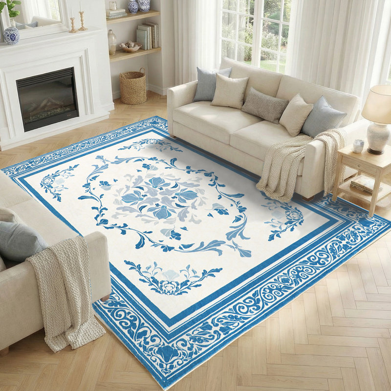 Magnolia Floral Area Rug with Faux Cashmere Feel, Medium Pile, Non-Slip Design for Living Room or Reading Nook, Blue