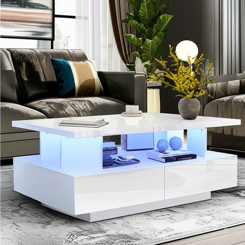 LED Coffee Table, Modern High Gloss Living Room Table With 4 Drawers, Stylish Center Table For Living Room, Office And Apartment