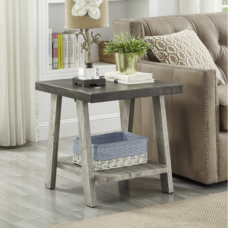 Table de bout contemporaine en bois à deux tons en noyer patiné et gris, H 23 po x l 22 po x P 24 po, Noyer / gris