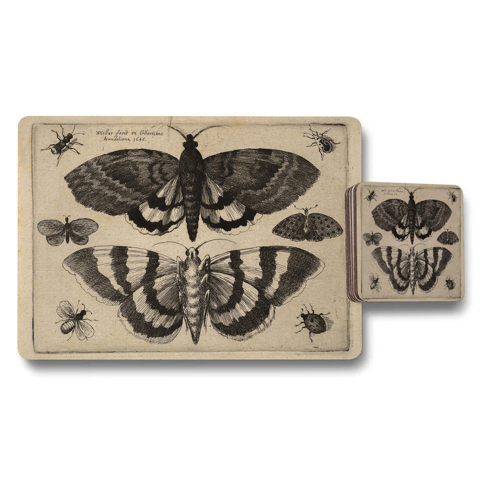Vintage Butterfly Placemat And Coaster Set With Botanical Artwork