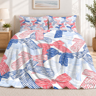 Ensemble de couverture légère en flanelle de qualité supérieure et 2 taies décoratives avec des nœuds rayés rouges et bleus dessinés à la main sur un ensemble de literie confortable blanc, ultra doux et chaud pour une couverture toutes saisons de 60 po x 80 po + 2 taies d'oreiller anti-boulochage et lavables à la machine ( Ensemble de 3)