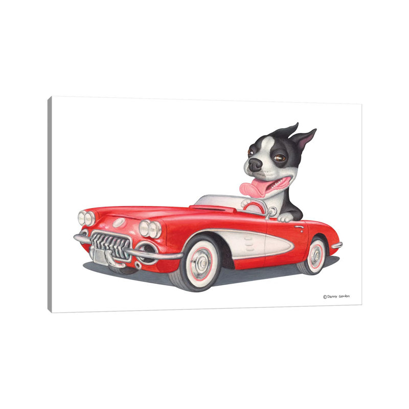 «Boston Terrier Red Car» par Danny Gordon, impression sur toile tendue, H 12 po x l 18 po x 1,5 po