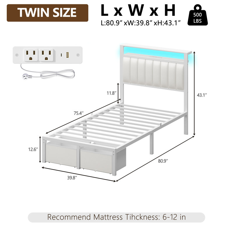 Cadre de lit rembourré avec 2 tiroirs de rangement, lit plateforme moderne simple avec station de recharge et lumière DEL, sans sommier nécessaire
