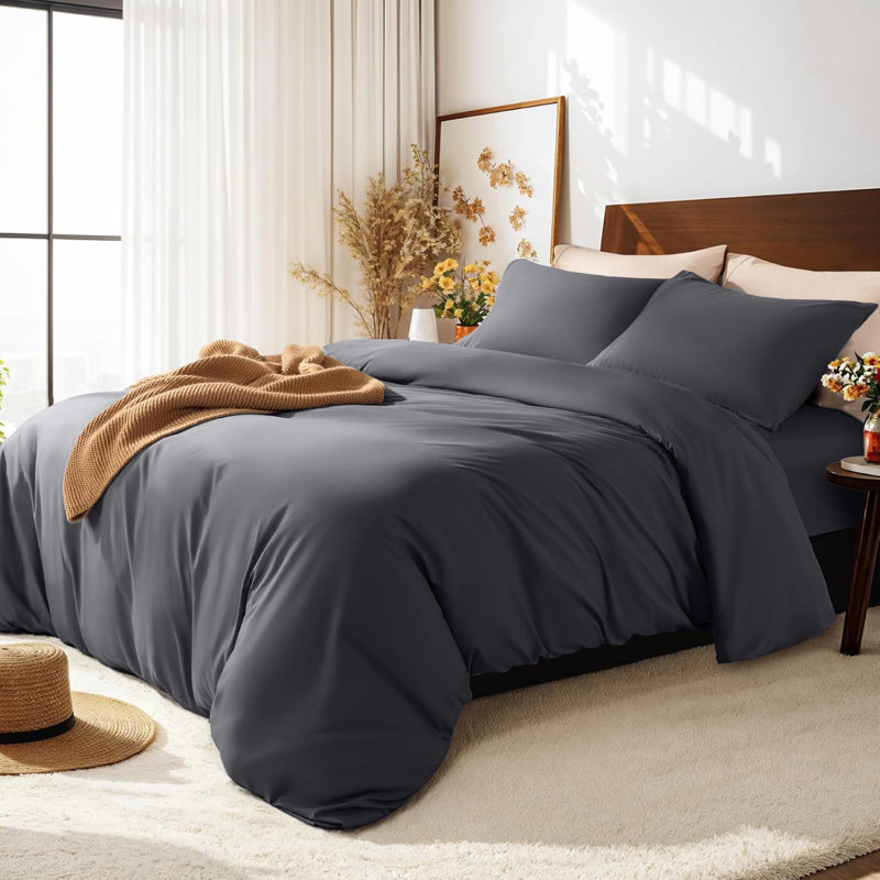 Haffa Microfiber Solid Colour Duvet Cover Set with Pillowcases Included, Single Microfiber + 2 Additional Pieces, Grey