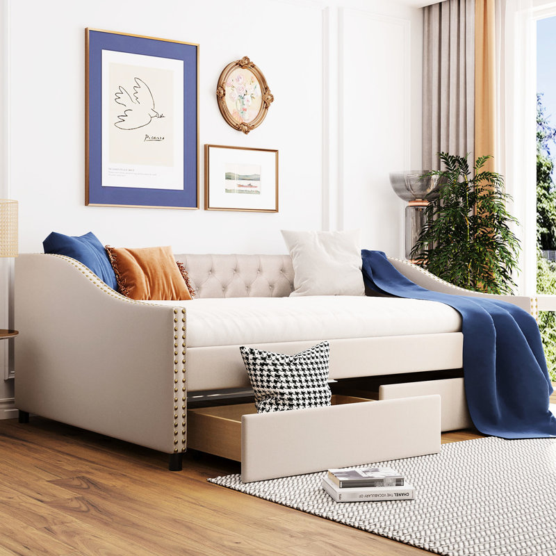 Beige Daybed With Two Drawers And Stable Wood Slat Structure - Make Your Home More Elegant Full Size Drawers, Upholstery & Back Enhance Bedroom Ambiance