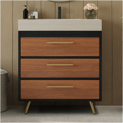 Modern Free-Standing Bathroom Vanity With Ceramic Vessel Sink & Durable Sintered Stone Top