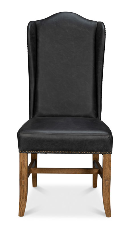 20'' H Genuine Leather Upholstered Oak Parsons Chair, Black