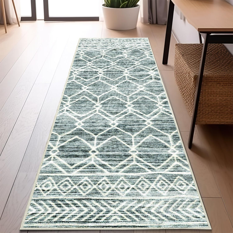 Tapis bleu marocain à motif géométrique antidérapant lavable, Rectangulaire 2 pi x 3 pi