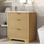 Meuble-lavabo moderne avec lavabo en céramique blanche, panneau en bois à texture ondulée, tiroirs rabattables et profonds-123543888