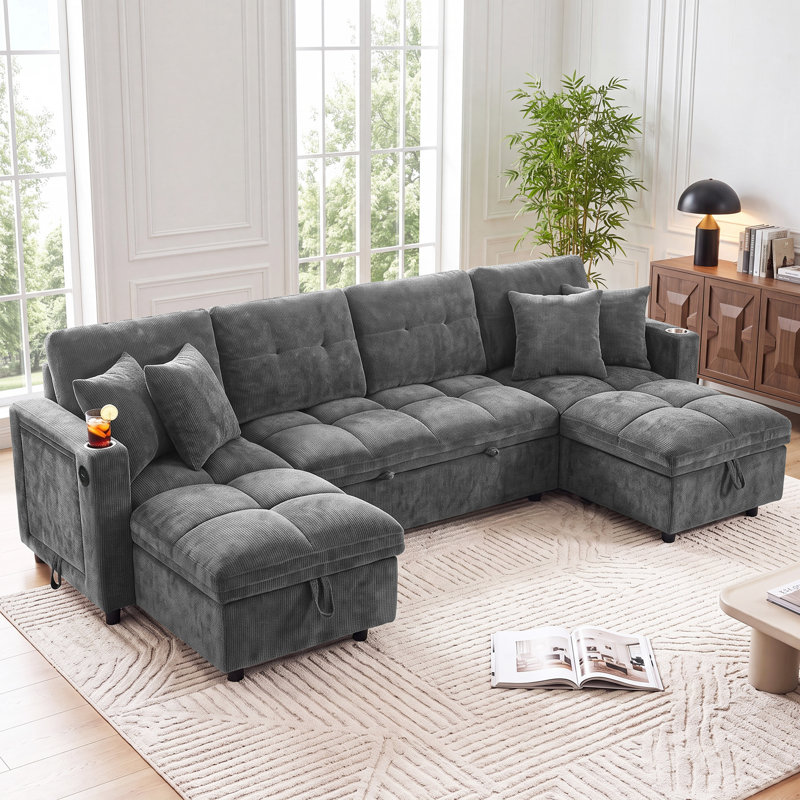 Canapé-lit modulaire en U en chenille de 108 po avec lit escamotable Aenkyo, Gris